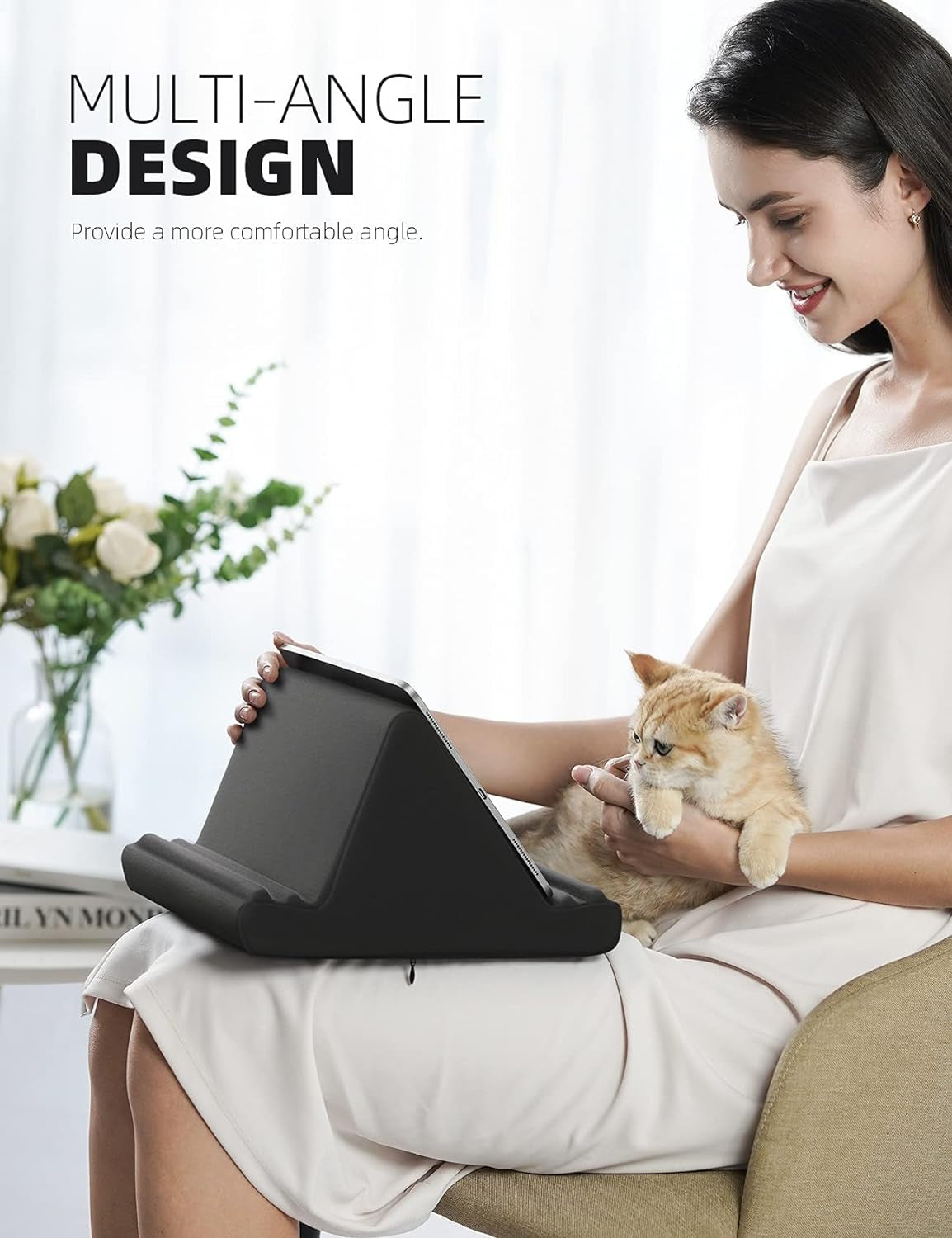 Tablet Pillow Holder Stand - Tablet Pillow Soft Pad for Lap, Bed and Desk with Pocket & 4 Viewing Angles, for Ipad Pro 13, 11, 12.9, Air, Mini, Kindle, Iphone, 4-13" Devices, Black