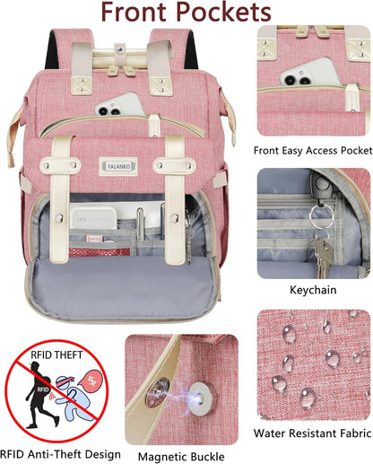 Backpack for Women,Wide Open Work Large Student Bookbag for 15.6 Inch Laptop,Doctor Teacher Nurse College School Travel Bag,Water Resistant Laptop Bookbag Computer Back Pack Pink