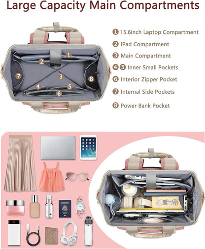Backpack for Women,Wide Open Work Large Student Bookbag for 15.6 Inch Laptop,Doctor Teacher Nurse College School Travel Bag,Water Resistant Laptop Bookbag Computer Back Pack Pink