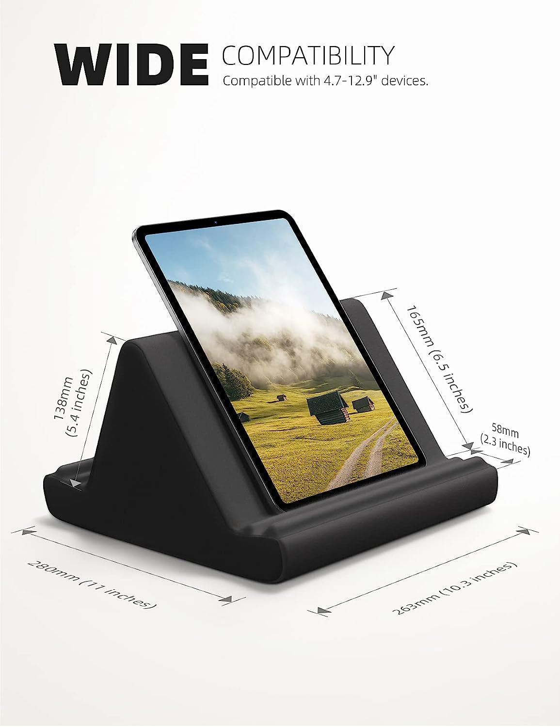 Tablet Pillow Holder Stand - Tablet Pillow Soft Pad for Lap, Bed and Desk with Pocket & 4 Viewing Angles, for Ipad Pro 13, 11, 12.9, Air, Mini, Kindle, Iphone, 4-13" Devices, Black