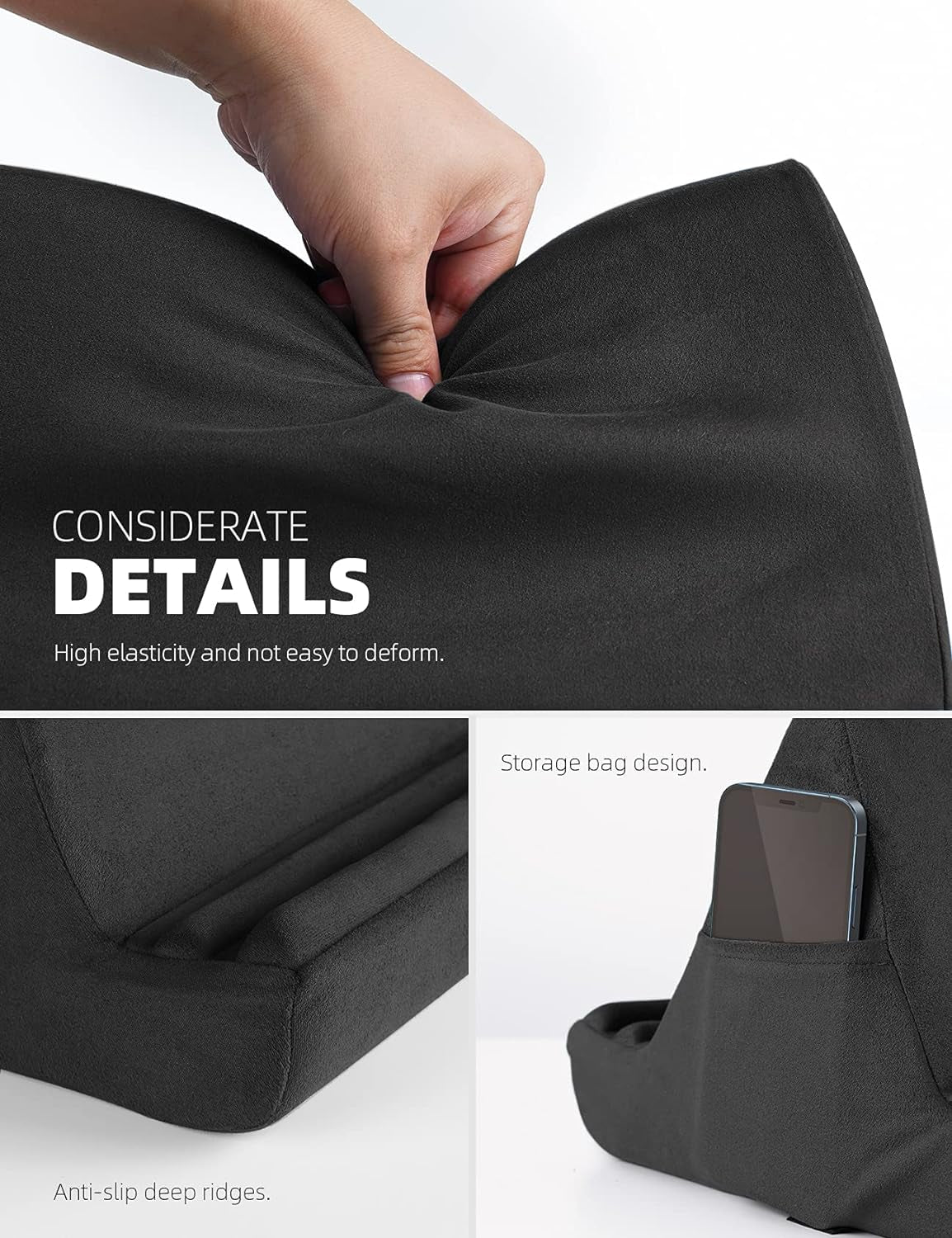 Tablet Pillow Holder Stand - Tablet Pillow Soft Pad for Lap, Bed and Desk with Pocket & 4 Viewing Angles, for Ipad Pro 13, 11, 12.9, Air, Mini, Kindle, Iphone, 4-13" Devices, Black