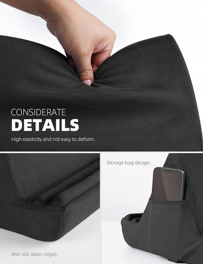 Tablet Pillow Holder Stand - Tablet Pillow Soft Pad for Lap, Bed and Desk with Pocket & 4 Viewing Angles, for Ipad Pro 13, 11, 12.9, Air, Mini, Kindle, Iphone, 4-13" Devices, Black