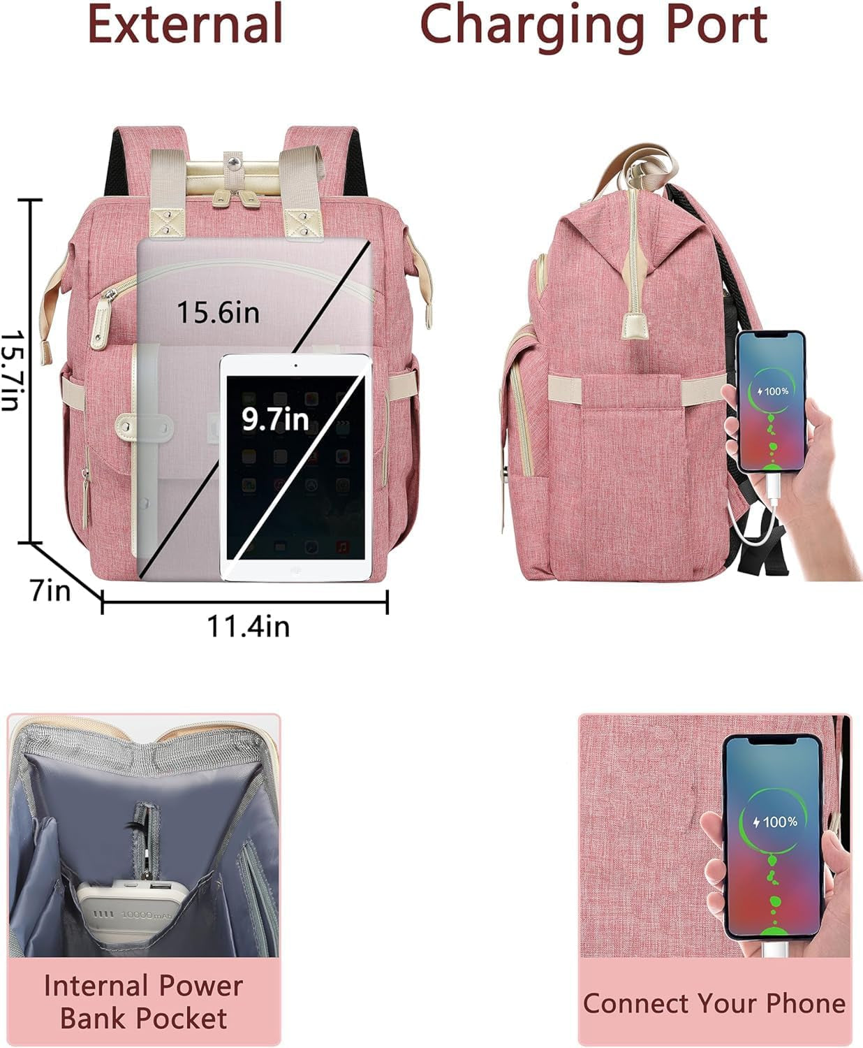Backpack for Women,Wide Open Work Large Student Bookbag for 15.6 Inch Laptop,Doctor Teacher Nurse College School Travel Bag,Water Resistant Laptop Bookbag Computer Back Pack Pink