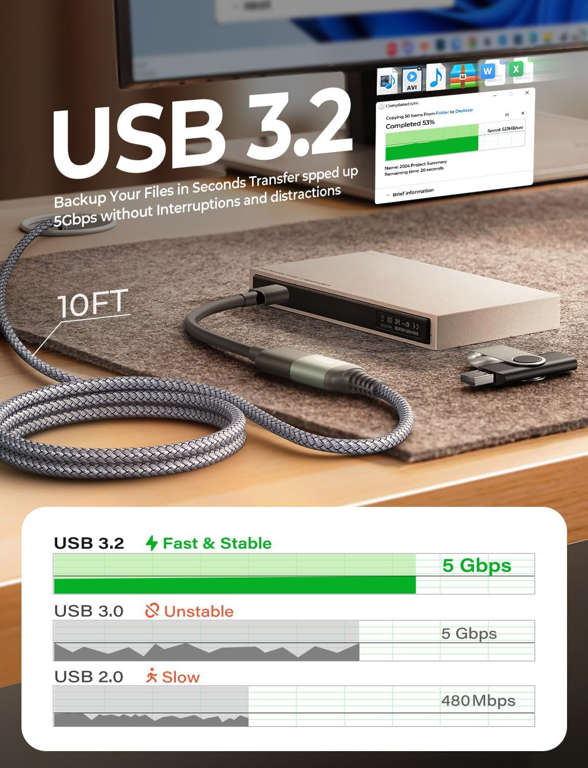 USB Extension Cable 10FT,USB Extender,Usb 3.0 Extension Cable, Male to Female Cord High Data Transfer Compatible with Webcam,Usbkeyboard,Flash Drive,Hard Drive,Printer,Grey