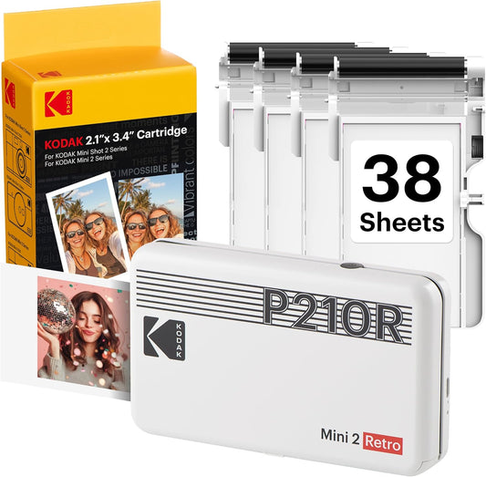 KODAK Mini 2 Retro 2X3 Portable Photo Printer, 38 Sheets, Bluetooth Smartphone Printer for Iphone & Android, Instant Color Prints, 4PASS Dye Sublimation, White