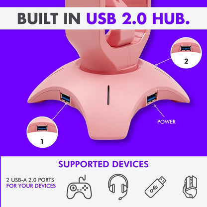 Cute Headphone Stand Pink | Headset Stand with RGB, Mouse Bungee Holder, and 2 Port USB Hub Charger - Desk Gaming Accessories