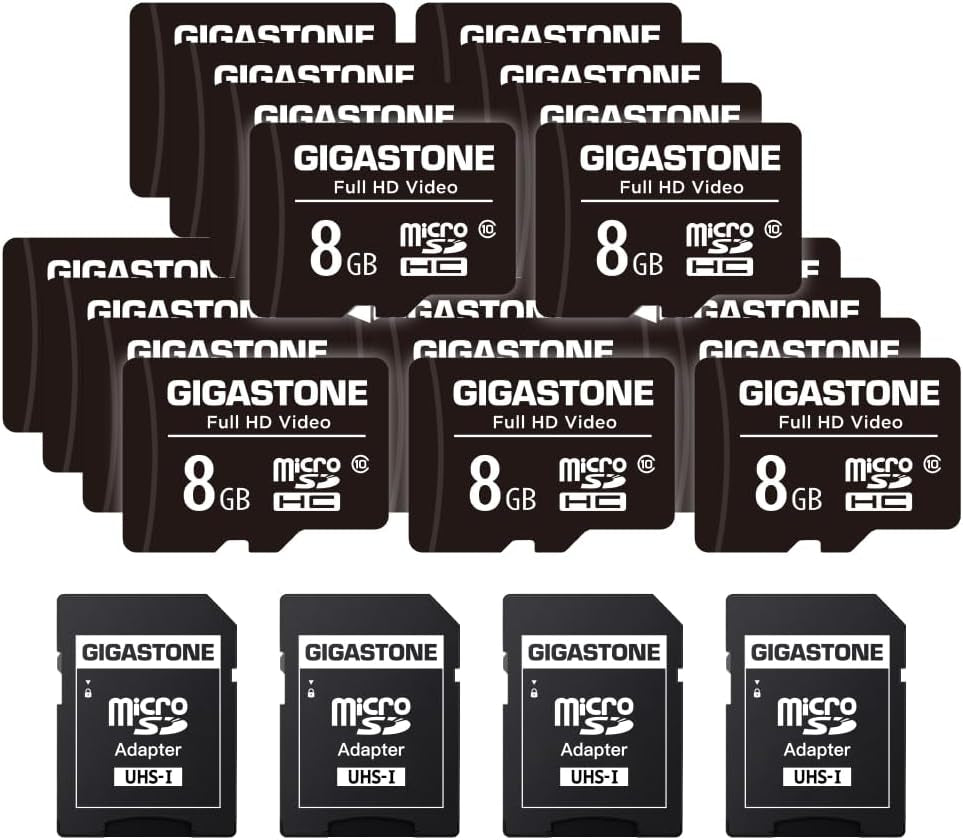 8GB Micro SD Card 20-Pack, Full HD Video, Surveillance Security Cam Action Camera Drone, 80Mb/S Micro SDHC Class 10, with Adapters