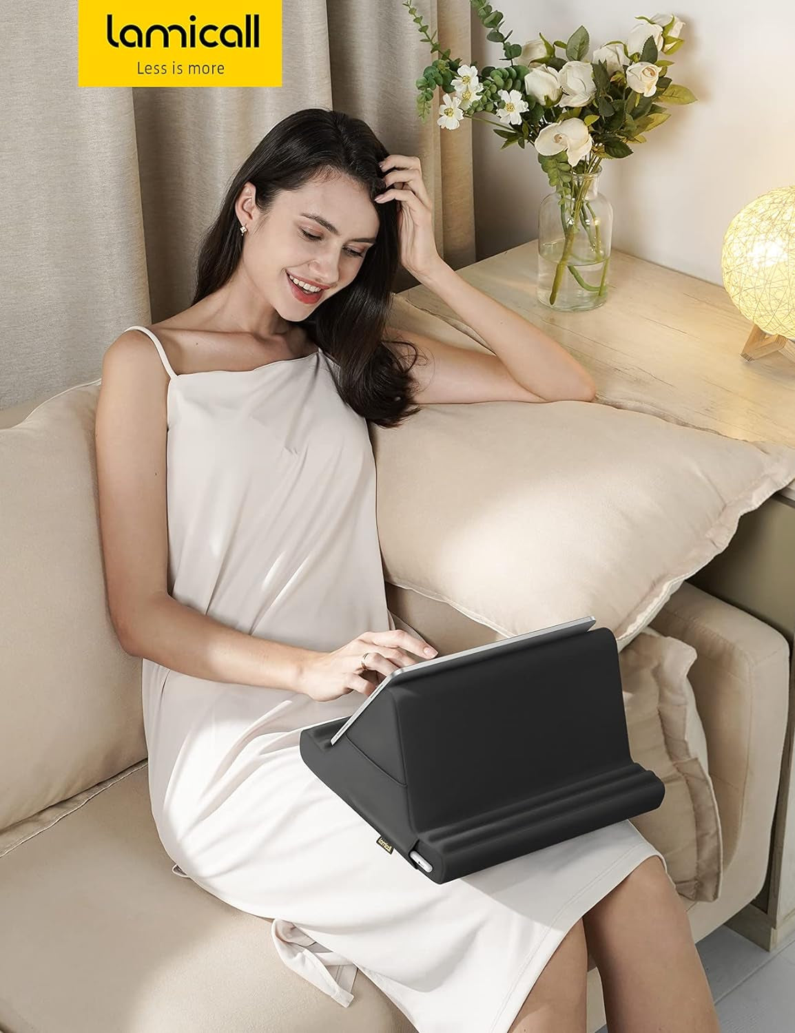 Tablet Pillow Holder Stand - Tablet Pillow Soft Pad for Lap, Bed and Desk with Pocket & 4 Viewing Angles, for Ipad Pro 13, 11, 12.9, Air, Mini, Kindle, Iphone, 4-13" Devices, Black