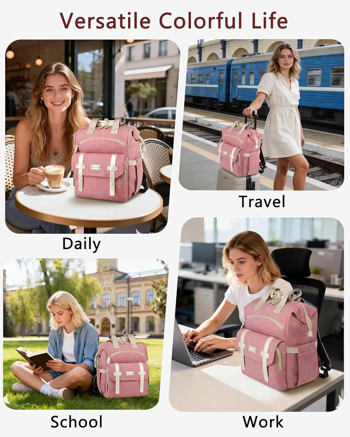 Backpack for Women,Wide Open Work Large Student Bookbag for 15.6 Inch Laptop,Doctor Teacher Nurse College School Travel Bag,Water Resistant Laptop Bookbag Computer Back Pack Pink
